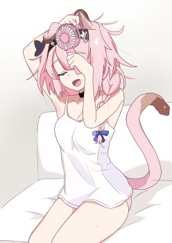 1girl absurdres animal_ears anime_coloring arknights braid breasts chefcooo_jk chemise cleavage closed_eyes commentary_request cowboy_shot drying drying_hair drying_own_hair goldenglow_(arknights) handheld_electric_fan highres holding medium_breasts medium_hair open_mouth pink_hair sitting smile solo spaghetti_strap tail white_chemise