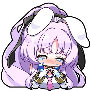 1girl animal_ears black_ribbon blue_sailor_collar blush commentary crying crying_with_eyes_open ears_down elbow_gloves english_commentary gloves green_eyes hair_ribbon high_ponytail index_fingers_together long_hair long_sleeves looking_down necktie nose_blush official_art pink_necktie ponytail purple_hair rabbit_ears rabbit_girl raised_inner_eyebrows ribbon sailor_collar shia_(stella_sora) simple_background solo stella_sora tears transparent_background very_long_hair white_gloves yurie_mouth