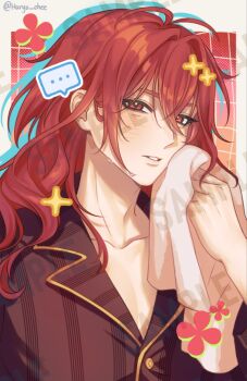 ... 1boy commentary diluc_(genshin_impact) english_commentary genshin_impact hair_between_eyes haryu_chee holding holding_towel long_hair male_focus pajamas red_eyes red_hair red_pajamas solo towel