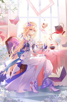1girl absurdres bare_shoulders blonde_hair blue_eyes book bookshelf breasts cake cake_slice chair closed_mouth commentary_request cross-shaped_pupils cup detached_sleeves dress floating floating_object food full_body genshin_impact hat high_heels highres indoors long_hair looking_at_viewer medium_breasts nicole_(genshin_impact) on_chair open_book pantyhose picture_frame plate pointy_ears pouring qianhua_bingying shoes smile solo symbol-shaped_pupils tea teacup teapot tiered_tray very_long_hair white_dress white_hat white_pantyhose white_shoes window