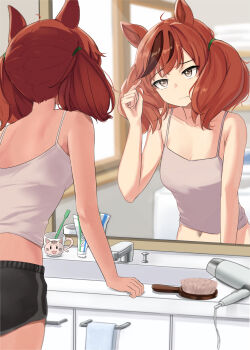 1girl absurdres animal_ears black_shorts breasts brown_eyes brown_hair camisole comb commentary_request cup dolphin_shorts grey_camisole hair_dryer highres horse_ears horse_girl indoors looking_at_mirror looking_at_self midriff mirror miyama_mizuki_(hoshihoshi1220) multicolored_hair navel nice_nature_(umamusume) reflection reflection_focus short_shorts shorts sink small_breasts solo streaked_hair toothbrush toothpaste twintails umamusume