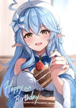 Rule 34 | 1girl, absurdres, ahoge, aqua nails, bare shoulders, blue coat, blue hair, blurry, blurry background, blush, braid, breasts, cake, cake slice, chocolate cake, cleavage, cleavage cutout, clothing cutout, coat, colored tips, commentary request, corset, elf, fingernails, flower, food, frills, fur trim, hair between eyes, hair flower, hair ornament, happy birthday, hat, heart, heart ahoge, highres, holding, holding spoon, hololive, ky (ky990533), large breasts, long hair, long sleeves, looking at viewer, multicolored hair, nail polish, off shoulder, open mouth, pointy ears, ribbon, side braid, snowflake print, solo, spoon, upper body, very long hair, virtual youtuber, white flower, white hat, yellow eyes, yukihana lamy, yukihana lamy (1st costume)