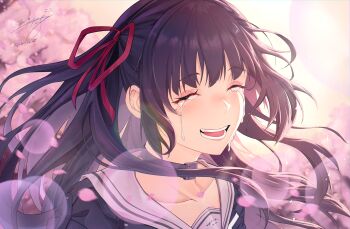 Rule 34 | 1girl, absurdres, black choker, black hair, black shirt, chisa (wuthering waves), choker, closed eyes, commentary request, crying, hair ribbon, highres, long hair, open mouth, partial commentary, portrait, red ribbon, ribbon, sailor collar, shirt, smile, solo, white sailor collar, wuthering waves, zing (zingart)