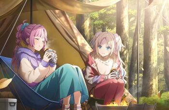 2girls ahoge anyoji_hime autumn autumn_leaves blonde_hair blue_hair blue_skirt brown_shorts camping chair dappled_sunlight eating falling_leaves fire foil food game_cg gradient_hair hair_intakes highres holding holding_food hood hoodie jacket leaf link!_like!_love_live! long_skirt long_sleeves looking_at_another love_live! mira-cra_park! multi-tied_hair multicolored_hair multiple_girls non-web_source official_art on_chair open_clothes open_jacket osawa_rurino outdoors pantyhose pantyhose_under_shorts parted_bangs pink_hair pink_pantyhose ponytail purple_hoodie roasted_sweet_potato shorts sidelocks sitting skirt steam sunlight sweater sweet_potato tent twintails virtual_youtuber white_sweater