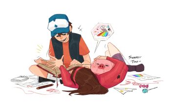 1boy 1girl animal baseball_cap black_eyes black_shoes blue_hat blue_vest book brother_and_sister brown_hair brown_shoes candy christmas_tree_print creature_no31 dipper_pines english_text food gravity_falls hair_between_eyes hairband hat holding holding_animal holding_book indian_style lollipop long_hair looking_at_another looking_at_object looking_down lying mabel_pines marker notebook on_back open_book open_mouth orange_shirt paper paper_airplane pen pig pink_hairband pink_sweater purple_shorts red_ribbon ribbon shirt shoes short_hair shorts siblings simple_background sitting smile socks speech_bubble sweater t-shirt thighs thought_bubble tree_print two-tone_hat vest vomiting_rainbows waddles white_background white_hat white_socks