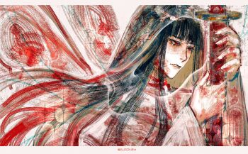 Rule 34 | 1girl, algoney, black hair, blunt bangs, bridal veil, butterfly wings, clenched teeth, commentary, crying, crying with eyes open, e.g.o (project moon), great trichiliocosm (e.g.o), highres, holding, holding sword, holding weapon, hood, hooded kimono, insect wings, japanese clothes, katana, kimono, limbus company, long hair, long sleeves, looking at object, parted lips, project moon, red eyes, red sash, red wings, ryoshu (project moon), sash, see-through clothes, shiromuku, solo, string, string around neck, string wings, sword, tears, teeth, twitter username, uchikake, untranslatable commentary, veil, wataboushi, weapon, white background, white kimono, wide sleeves, wings