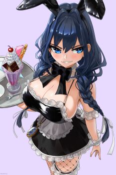 1girl adapted_costume alternate_costume animal_ear_hairband animal_ears apron bare_shoulders bikini blue_eyes bow braid breasts cahryos cherry cleavage cowboy_shot cream dessert detached_collar dress fake_animal_ears fake_tail fishnets food frilled_apron frills fruit glass hair_intakes hairband highres holding holding_tray hololive hololive_english ice_cream ice_cream_float large_breasts long_hair looking_at_viewer low_twin_braids maid maid_apron maid_bikini maid_cafe official_alternate_hairstyle ouro_kronii ouro_kronii_(maid) parfait plate pocket_watch rabbit_ear_hairband rabbit_ears rabbit_tail skirt smile solo spoon strawberry sundae swimsuit tail thighhighs tray twin_braids unconventional_maid virtual_youtuber wafer wafer_stick waist_apron waitress watch whipped_cream white_apron