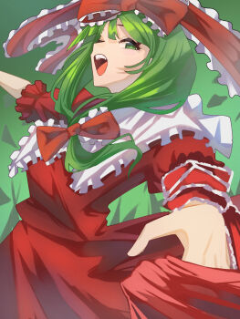 1girl absurdres amateru bow clothes_lift collared_dress dress dress_lift frilled_bow frilled_ribbon frills front_ponytail green_background green_eyes green_hair hair_bow hair_ribbon highres kagiyama_hina looking_at_viewer one_eye_closed open_mouth red_bow red_dress red_ribbon ribbon solo touhou wrist_ribbon
