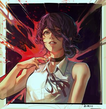 1girl absurdres black_choker black_ribbon chainsaw_man choker green_eyes grenade_pin hair_bun highres imminent_explosion katlovesstar neck_ribbon pull_cord reze_(chainsaw_man) ribbon shirt single_hair_bun sleeveless sleeveless_shirt solo