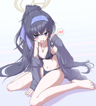 1girl absurdres armpit_crease bare_legs bare_shoulders barefoot between_legs bikini black_bikini black_cardigan black_hair blue_archive blue_eyes blue_ribbon blush breasts brown_halo cardigan cardigan_partially_removed collarbone commentary crossed_bangs eyes_visible_through_hair feet full_body furrowed_brow hair_between_eyes hair_over_shoulder hair_ribbon halo hand_between_own_legs hand_up highres jewelry long_hair looking_at_viewer navel official_alternate_costume official_alternate_hairstyle open_cardigan open_clothes open_mouth pendant ponytail ribbon sidelocks simple_background sitting sleeves_past_wrists small_breasts solo speech_bubble spoken_blush stomach swimsuit thighs toes tomonx ui_(blue_archive) ui_(swimsuit)_(blue_archive) upturned_eyes very_long_hair wariza wet white_background