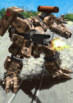 blue_sky firing front_mission gun highres highway holding holding_gun holding_weapon mecha missile_pod multishot_rocket_launcher no_humans outdoors robot rocket_launcher shadow sky tyokugekidato weapon