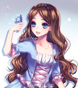 Rule 34 | 1girl, :d, animification, aristocratic clothes, arm at side, artist name, barbie (character), barbie (franchise), barbie as the princess and the pauper, blue background, blue butterfly, blue dress, blue eyes, blush, braid, breasts, brown hair, bug, butterfly, butterfly on hand, collarbone, commentary, cross-laced clothes, cross-laced dress, dress, drop shadow, english commentary, erika (barbie), from side, gradient background, hair behind ear, highres, insect, long hair, looking at animal, open mouth, parted bangs, sasucchi95, short sleeves, simple background, single braid, small breasts, smile, solo, teeth, tongue, upper body, upper teeth only, victorian, wavy hair, white background