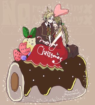 1boy 1girl aerith_gainsborough alternate_costume arm_around_shoulder baggy_pants blonde_hair breasts brown_background brown_coat brown_hair brown_pants christmas closed_eyes closed_mouth cloud_strife coat collared_shirt commentary couple dated dress final_fantasy final_fantasy_vii food fruit fur-trimmed_dress fur_trim green_ribbon hair_ribbon hetero long_dress long_hair medium_breasts merry_christmas neck_ribbon open_mouth pants parted_lips ponytail red_dress ribbon sharp_teeth shirt short_hair sidelocks sitting sleeveless sleeveless_dress smile sparkle strawberry symbol-only_commentary teeth twitter_username white_shirt yykoekaki