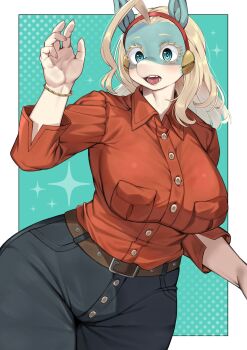 1girl armlet blonde_hair boku_no_hero_academia denim furry highres ippan_josei jeans jewelry kameno_sachi open_mouth pants solo