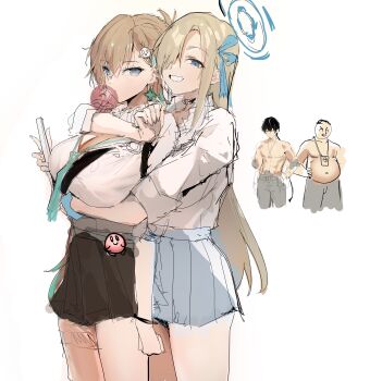 2boys 2girls abs absurdres aqua_necktie asuna_(blue_archive) asuna_(school_uniform)_(blue_archive) asymmetrical_bangs black_hair black_skirt blonde_hair blowing_bubble_gum blue_archive blue_eyes blue_halo blue_scrunchie bow breasts chewing_gum earrings hair_ornament hair_over_one_eye hair_ribbon halo highres jewelry large_breasts long_hair looking_at_viewer loose_necktie lynae_(wuthering_waves) male_rover_(wuthering_waves) multiple_boys multiple_girls muscular muscular_male necktie pleated_skirt porroll ribbon rover_(wuthering_waves) school_uniform scrunchie sensei_(blue_archive) shirt shirt_tucked_in simple_background skirt skull_hair_ornament smile star_(symbol) star_earrings topless_male very_long_hair white_background white_shirt wrist_scrunchie wuthering_waves