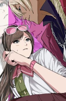 1boy 1girl ace_attorney amikoiiko apollo_justice:_ace_attorney arm_up black_shirt blonde_hair blue_eyes blush brown_hair brown_pants chain chain_necklace commentary dark-skinned_male dark_skin dress_shirt drill_hair ema_skye eye_contact eyewear_on_head fingernails green_vest half_updo highres initial jacket jewelry klavier_gavin lab_coat lapels long_hair long_sleeves looking_at_another looking_down medium_hair mismatched_eyebrows neckerchief necklace notched_lapels pants pink-tinted_eyewear pink_background pink_lips pink_shirt popped_collar purple_jacket red_neckerchief round_eyewear shirt sleeves_rolled_up smile suit_jacket sunglasses sweatdrop symbol-only_commentary tinted_eyewear two-tone_background upper_body vest waistcoat watch white-framed_eyewear white_background wristwatch zoom_layer