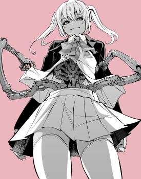 Rule 34 | 1girl, absurdres, android, arms at sides, bow, bowtie, closed mouth, collared shirt, cowboy shot, extra ears, from below, greyscale with colored background, highres, kato takuji, long sleeves, looking at viewer, looking down, mechanical arms, original, pink background, school swimsuit, shirt, simple background, skirt, smile, solo, swimsuit, thighhighs, twintails