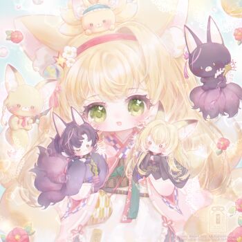 Rule 34 | 1girl, animal ear fluff, animal ears, apron, arknights, blonde hair, blush, character doll, chinese commentary, coin purse, commentary request, doll, flower, fox, fox ears, fox girl, fox tail, frilled apron, frills, green eyes, hair flower, hair ornament, hairband, japanese clothes, kimono, kitsune, kyuubi, long hair, looking at viewer, multiple tails, official alternate costume, open mouth, pink kimono, red hairband, suzuran's father (arknights), suzuran (arknights), suzuran (yukibare) (arknights), tail, vulpisfoglia (arknights), waist apron, watermark, white apron, yagasuri, yin zi (xhs 948460873)