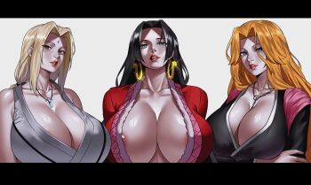 Rule 34 | 3girls, areola slip, bare shoulders, black hair, bleach, blonde hair, blue eyes, boa hancock, breasts, brown eyes, chain, chain necklace, cleavage, collarbone, crossover, earrings, forehead jewel, jewelry, large breasts, lips, long hair, looking at viewer, matsumoto rangiku, mole, mole under mouth, multiple girls, naruto (series), necklace, one piece, orange hair, parted bangs, pink shawl, shawl, shihakusho, simple background, snake earrings, tsunade (naruto), upper body, zinfian