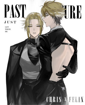 1boy 1girl alternate_costume antenna_hair back back_cutout backless_outfit backless_shirt black_coat black_gloves black_hair black_pants black_shirt black_skirt blonde_hair clothing_cutout coat coat_on_shoulders cover cowboy_shot earrings enermy4 english_text fake_magazine_cover formal_clothes from_behind gloves grey_vest hand_on_another's_back hand_on_another's_waist hashtag-only_commentary highres jacket jewelry long_sleeves looking_at_viewer looking_back magazine_cover multicolored_hair necklace pants parted_lips profile shiguang_dailiren shirt short_hair simple_background skirt suit turtleneck two-tone_hair vest wang_qing white_background xia_fei yellow_eyes