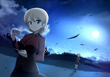 2girls black_skirt black_socks blonde_hair blue_eyes buttons cup darjeeling_(girls_und_panzer) falling_leaves full_body full_moon girls_und_panzer highres holding jacket leaf long_hair looking_at_viewer military_vehicle moon motor_vehicle multiple_girls night orange_hair orange_pekoe_(girls_und_panzer) red_jacket shiina_excel shoes short_hair skirt smile socks st._gloriana&#039;s_military_uniform standing tank teacup tree upper_body