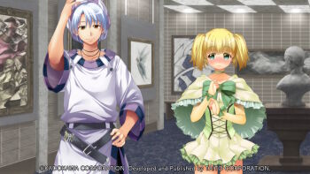 1boy 1girl aleph_coulson art_gallery atelier-moo averting_eyes belt black_belt blonde_hair bow breasts bridal_gauntlets brown_eyes capelet choker clenched_hands closed_mouth collarbone company_name copyright_notice corset cowboy_shot elbow_gloves embarrassed game_cg gloves green_bow green_capelet green_choker green_eyes green_shirt grey_pants hair_between_eyes hand_on_own_hat hand_on_own_hip hands_up hat indoors key large_variant_set long_shirt looking_at_viewer looking_to_the_side maria_short medium_hair miniskirt non-web_source official_art painting_(object) pants picture_frame purple_hat purple_shirt shirt short_hair short_twintails skirt small_breasts smile standing statue strapless strapless_shirt striped_hat tareme thighs three-quarter_sleeves tile_wall tiles twintails variant_set white_hair yellow_gloves yuukyuu_gensoukyoku yuukyuu_gensoukyoku_revival