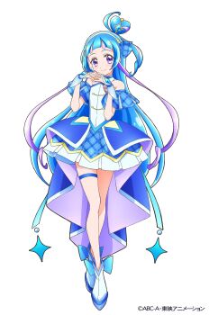 1girl absurdres aokaze_nana bare_shoulders blue_dress blue_hair boots closed_mouth copyright_notice crossed_ankles cure_wink detached_collar detached_sleeves dress full_body hair_bun hands_up heart heart-shaped_hair highres idol_heart_brooch_(precure) interlocked_fingers kimi_to_idol_precure long_hair looking_at_viewer magical_girl multicolored_hair official_art own_hands_together pleated_dress precure purple_eyes second-party_source short_dress simple_background smile solo sparkle standing thigh_strap white_background white_boots wrist_cuffs