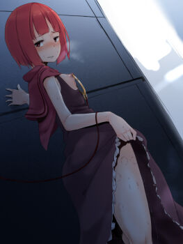 10s 1girl akai_ringo akai_ringo_(ookami-san) bdsm bite_mark bite_marks blunt_bangs blush bob_cut bondage bound breasts breasts_out bruise clothes_lift dress dress_lift female_focus frills injury kawaisou looking_at_viewer nipple_bondage nipple_piercing nipple_rings nippleless_clothes nipples ookami-san open_mouth piercing red_eyes red_hair short_hair slave small_breasts solo