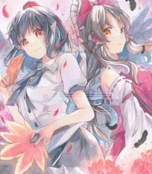 2girls bird_wings black_hair black_skirt black_wings bow brown_hair closed_mouth collared_shirt commentary_request detached_sleeves falling_feathers feathered_wings feathers flower frilled_bow frilled_hair_tubes frilled_skirt frills gohei hair_bow hair_tubes hakurei_reimu hat hauchiwa holding holding_notebook long_hair looking_at_viewer multiple_girls notebook painting_(medium) pointy_ears puffy_short_sleeves puffy_sleeves red_bow red_eyes red_flower red_hat red_skirt ribbon-trimmed_sleeves ribbon_trim shameimaru_aya shirt short_sleeves skirt skirt_set spider_lily tokin_hat touhou traditional_media watercolor_(medium) watermark white_shirt wings yanagise yellow_eyes