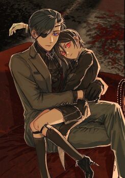 2boys age_difference age_switch aged_down aged_up black_hair blue_eyes ciel_phantomhive closed_mouth earrings ena33333333 eyepatch formal_clothes gloves hair_between_eyes jewelry kuroshitsuji male_focus multiple_boys onii-shota red_eyes sebastian_michaelis short_hair suit victorian