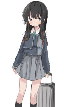 Rule 34 | 1girl, averting eyes, belt, black belt, black hair, black socks, blue dress, blush, collared shirt, dress, feet out of frame, grey dress, headset, highres, ichiha (ichi u2), inoue takina, kneehighs, long hair, lycoris recoil, lycoris uniform, pleated dress, purple eyes, shirt, sidelocks, simple background, socks, solo, standing, suitcase, white background, white shirt