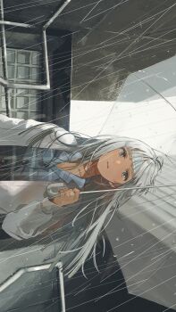 Rule 34 | 1girl, ahoge, blue shirt, cardigan, dress shirt, fly (marguerite), highres, holding, holding umbrella, long hair, open cardigan, open clothes, open mouth, original, rain, shirt, sideways, solo, umbrella, white cardigan, white eyes, white hair