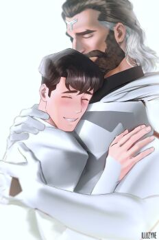 2boys ^_^ beard black_hair brown_hair clark_kent closed_eyes dc_comics facial_hair father_and_son highres hug illuzyne jor-el male_focus multicolored_hair multiple_boys my_adventures_with_superman smile superman_(series) two-tone_hair upper_body white_background white_hair