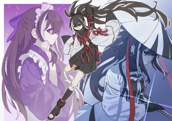 apron black_eyes black_hair black_scarf bow chest_ribbon commentary_request ear_piercing fate/grand_order fate_(series) full_body hair_bow hair_ribbon hakama haori hisokaniinu japanese_clothes japanese_hat katana kawakami_gensai_(fate) kawakami_gensai_(first_ascension)_(fate) kawakami_gensai_(second_ascension)_(fate) kawakami_gensai_(third_ascension)_(fate) kimono long_hair maid maid_apron maid_headdress multicolored_hair neck_warmer no_tsuba piercing ponytail purple_kimono ribbon scarf streaked_hair sword wa_maid weapon white_apron white_hair white_hakama white_haori