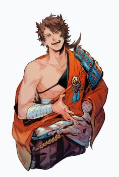 1boy arm_out_of_sleeve armor bandaged_arm bandages brown_hair highres igote japanese_armor japanese_clothes long_hair male_focus midriff_sarashi mmm_ma_pmpm mutsu-no-kami_yoshiyuki open_mouth orange_eyes sarashi shoulder_armor simple_background smile sode solo touken_ranbu white_background