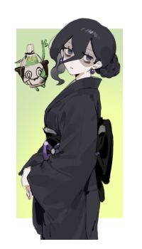 1girl alternate_costume alternate_hairstyle asymmetrical_hair bags_under_eyes black_bow black_hair black_kimono bow braid braided_bun commentary cowboy_shot double-parted_bangs earrings eyelashes from_side gradient_background green_background hair_between_eyes hair_bun hex_maniac_(pokemon) hex_maniac_(pokemon_legends:_z-a) japanese_clothes jewelry kimono large_bow long_hair_between_eyes looking_at_viewer nail_polish nintendo obi own_hands_together parted_lips pokemon pokemon_legends:_z-a poltchageist purple_eyes purple_nails purple_ribbon raine_(acke2445) ribbon sash shaded_face short_hair simple_background solo sphere_earrings standing symbol-only_commentary wide_sleeves yellow_background