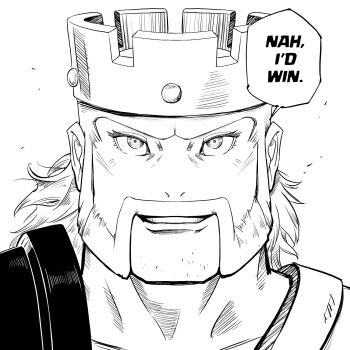 1boy barbarian_king clash_of_clans crown english_text facial_hair greyscale grin highres looking_at_viewer medium_hair meme monochrome mustache nah_i&#039;d_win_(meme) portrait simple_background smile solo speech_bubble