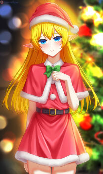 Rule 34 | 1girl, absurdres, belt, black belt, blonde hair, bloom, blue eyes, blurry, blurry background, blush, bow, bowtie, capelet, christmas, christmas tree, commission, commissioner upload, costume, cowboy shot, dress, elf, flat chest, fur-trimmed capelet, fur-trimmed dress, fur-trimmed headwear, fur trim, green bow, green bowtie, hat, highres, long hair, looking at viewer, lori hagami, lotte farona, official art, parted lips, pointy ears, red capelet, red dress, santa costume, santa dress, santa hat, smile, solo, ways of darkness (series)