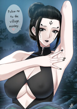 Rule 34 | 1girl, armpits, arms up, black eyes, black hair, black myth: wukong, breasts, chinese clothes, cleavage, commentary, english commentary, english text, forest, fourth sister (black myth: wukong), hair bun, highres, large breasts, lipstick, looking at viewer, makeup, mature female, nail polish, nature, night, original, xter