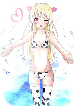 1girl animal_print bad_id bad_pixiv_id bikini blonde_hair chaos_marie_(grimms_notes) cow_print cow_print_bikini grimms_notes highres long_hair looking_at_viewer one_eye_closed open_mouth pink_eyes print_bikini smile solo standing swimsuit tona_p_pad