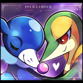 closed_eyes closed_mouth commentary english_commentary eyelashes forehead-to-forehead french_text gen_5_pokemon gen_7_pokemon heads_together heart highres holding_hands looking_at_another nintendo no_humans pokemon pokemon_(creature) popplio purple_background red_eyes smile snivy valentine woofzilla