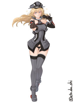 Rule 34 | 1girl, absurdres, anchor choker, atodashi, bare shoulders, bismarck (kancolle), bismarck drei (kancolle), black panties, blonde hair, blue eyes, breasts, brown gloves, commentary request, detached sleeves, front slit, gloves, grey hat, grey thighhighs, hair between eyes, hat, highres, holding, holding microphone, kantai collection, large breasts, long hair, looking at viewer, microphone, no pants, panties, peaked cap, pinky out, pointing, pointing at viewer, simple background, smile, solo, thighhighs, twitter username, underwear, white background