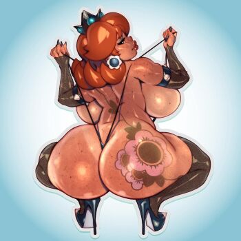 1girl alternate_body_size ass ass_freckles ass_tattoo backboob black_footwear black_headwear black_nails blue_eyes body_freckles breasts brown_hair crown earrings flower_tattoo freckles freckles_on_breasts high_heels highres huge_ass jewelry large_breasts lips lipstick looking_at_viewer looking_back makeup mario_(series) nail_polish nintendo outline pink_lips princess princess_daisy protected_link pumps revealing_clothes robaato slingshot_swimsuit solo squatting sticker stiletto_heels super_mario_land swimsuit tattoo thick_lips thick_thighs thighhighs thighs thong topless_female wide_hips