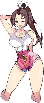 1girl absurdres brown_eyes brown_hair commentary_request enpe high_ponytail highres one_eye_closed ponytail shiranui_mai shorts snk tank_top the_king_of_fighters thighs white_background