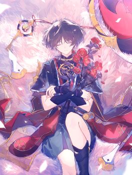 Rule 34 | 1boy, absurdres, armor, black bodysuit, black hat, black kimono, black shorts, black sleeves, blunt ends, bodysuit, closed eyes, closed mouth, crossed arms, eyelashes, eyeliner, eyeshadow, facing viewer, falling petals, fingernails, flower, from above, furisode, genshin impact, glowing, glowing petals, gold, gold trim, grey veil, hashtag-only commentary, hat, highres, holding, holding flower, japanese armor, japanese clothes, jewelry, jingasa, juban, kimono, knee up, kote, kurokote, layered sleeves, lying, makeup, makisa (wim), male focus, mandarin collar, mitsudomoe (shape), neck ring, o-ring, on back, on grass, on ground, petals, purple sash, purple sleeves, red eyeliner, red eyeshadow, red flower, red hat, red kimono, red petals, sash, scaramouche (genshin impact), see-through clothes, see-through veil, short sleeves, shorts, single sode, solo, split mouth, tomoe (symbol), two-tone hat, unworn hat, unworn headwear, veil, white kimono, white petals, white trim, wispy bangs