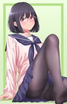 1girl akippoi_0919 arm_support black_hair black_pantyhose blue_sailor_collar blush brown_eyes cardigan commentary_request glasses green_background highres knee_up long_sleeves looking_at_viewer original panties panties_under_pantyhose pantyhose pink_cardigan sailor_collar school_uniform short_hair sitting smile soles underwear