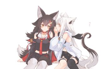 2girls ahoge animal_ear_fluff animal_ears arm_support black_hair black_shirt black_shorts black_skirt black_sleeves black_thighhighs chamomile_(kazumasa) commentary_request cowboy_shot detached_sleeves fox_ears fox_girl fox_tail hand_up highres hololive midriff_peek multicolored_hair multiple_girls necktie ookami_mio ookami_mio_(1st_costume) pantyhose pleated_skirt red_hair red_necktie sailor_collar shirakami_fubuki shirakami_fubuki_(1st_costume) shirt shorts simple_background single_thighhigh sitting skirt streaked_hair tail thighhighs translated virtual_youtuber whispering_in_ear white_background white_hair white_pantyhose white_sailor_collar wolf_ears wolf_girl wolf_tail yellow_eyes yuri