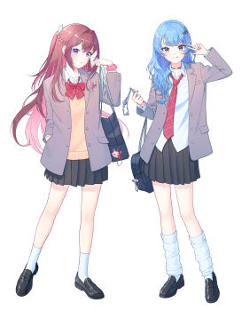 2girls absurdres alternate_costume azki_(hololive) black_shoes black_skirt blue_eyes blue_hair blueiseul bow bowtie brown_hair collared_shirt colored_inner_hair commentary full_body gradient_eyes grey_jacket hair_intakes highres hololive hoshimachi_suisei jacket leg_warmers licking_lips long_sleeves looking_at_viewer multicolored_eyes multicolored_hair multiple_girls necktie open_clothes open_jacket pink_hair pink_scrunchie pleated_skirt purple_eyes red_bow red_bowtie red_necktie school_uniform scrunchie shirt shoes simple_background skirt socks sweater_vest symbol-only_commentary tongue tongue_out v virtual_youtuber white_background white_leg_warmers white_shirt white_socks wrist_scrunchie yellow_eyes yellow_sweater_vest