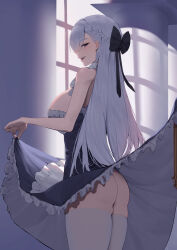 Rule 34 | 1girl, absurdres, ass, azur lane, bare arms, bare shoulders, belfast (azur lane), breasts, commentary, dress, english commentary, from behind, hair ornament, highres, indoors, large breasts, long hair, looking at viewer, lordol, parted lips, smile, solo, thighhighs, thighs, white hair, white thighhighs