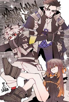 1girl 2boys akumatenshika amo_empool arm_up armband black_eyes black_hair black_shirt boots bow bowtie brown_boots brown_hair closed_mouth colored_tips gachiakuta gloves grey_gloves grey_hair highres long_hair looking_at_viewer multicolored_hair multiple_boys orange_bow orange_bowtie orange_eyes orange_hair orange_scarf pants red_eyes rudo_surebrec scarf shirt smile white_pants yellow_armband zodyl_typhon